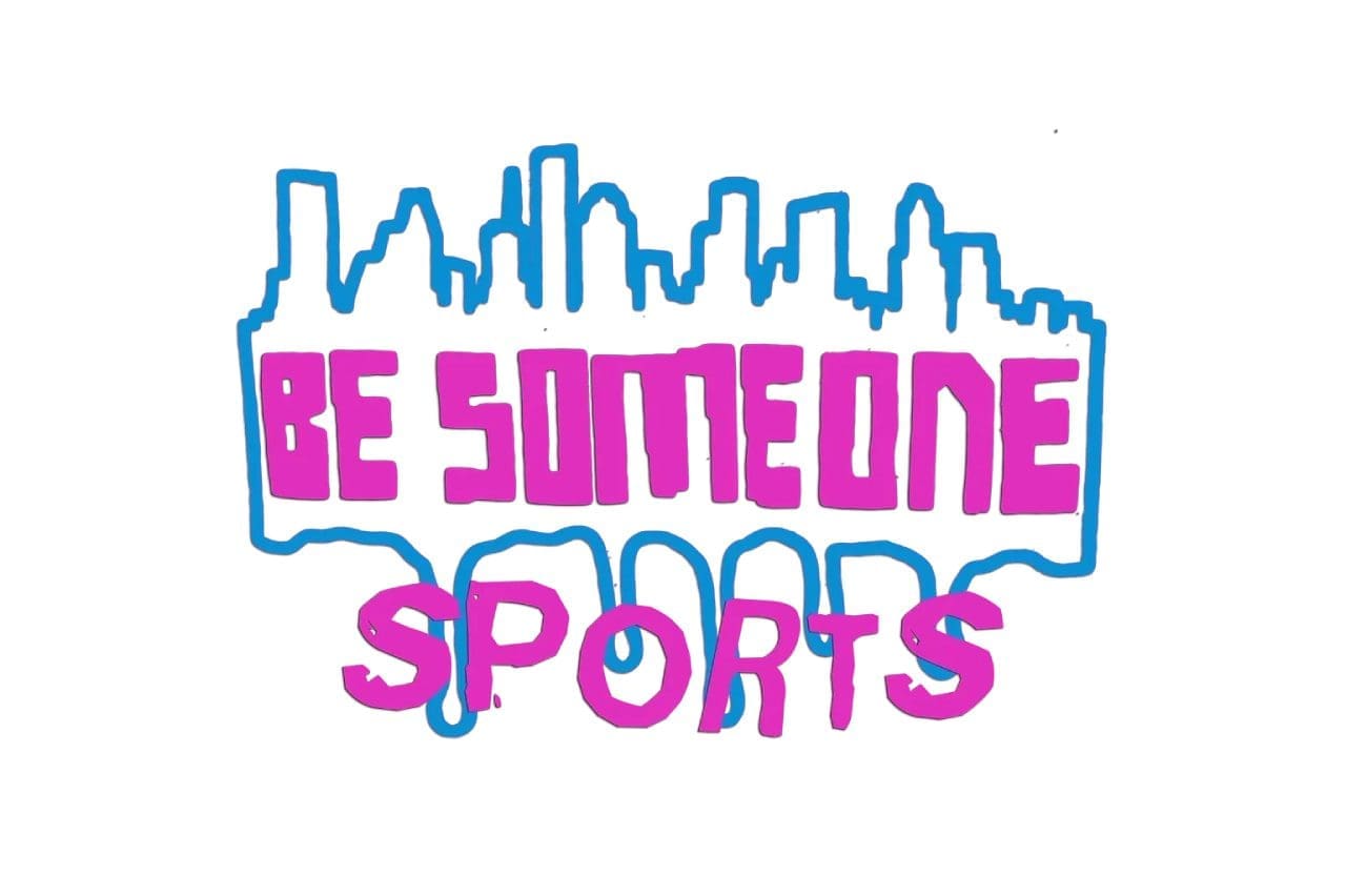A pink and blue graffiti type logo for sports.