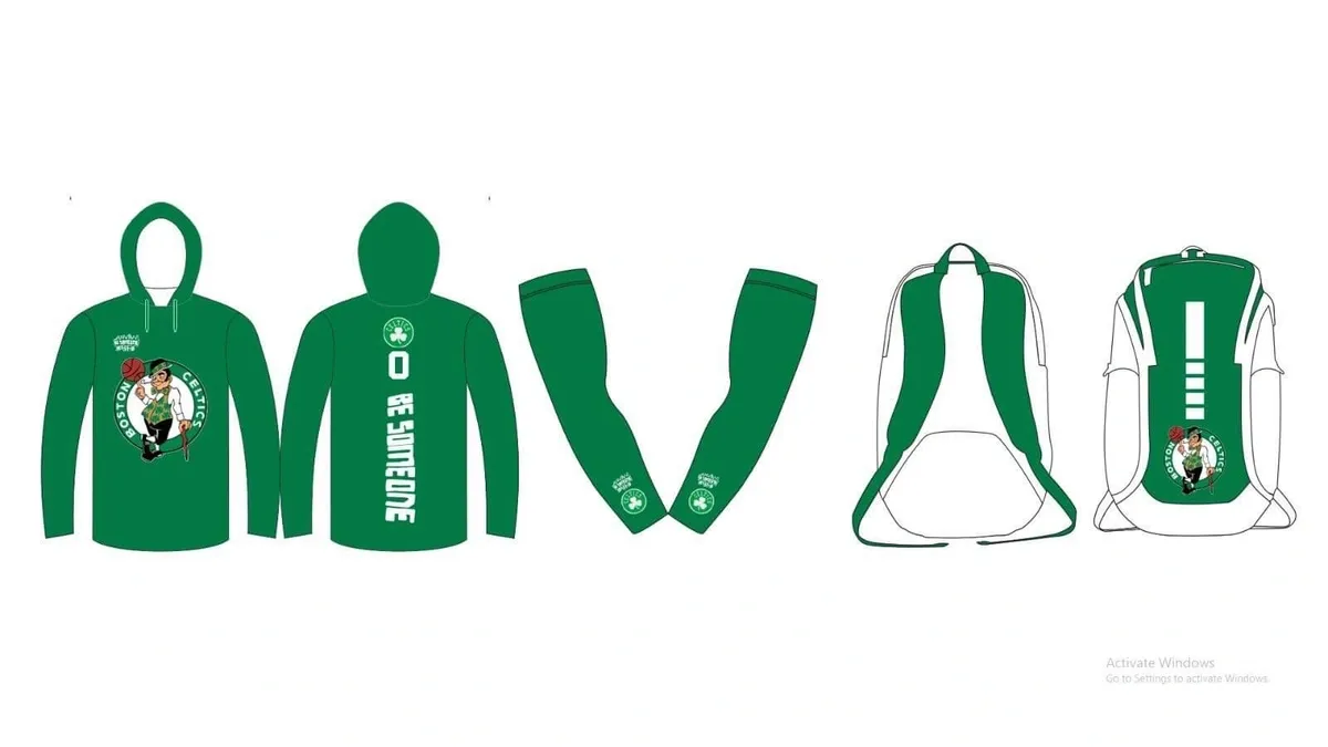 A green hoodie, arm sleeves and backpack.