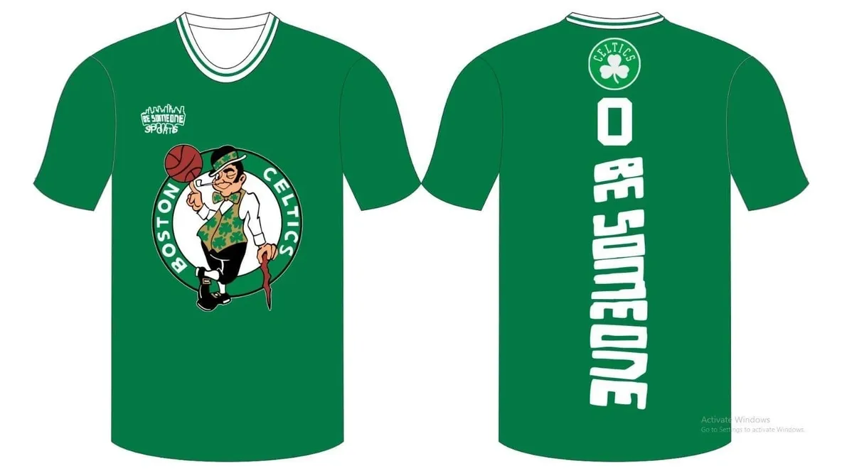 A green shirt with the number 0 and a cartoon of a celtics mascot.