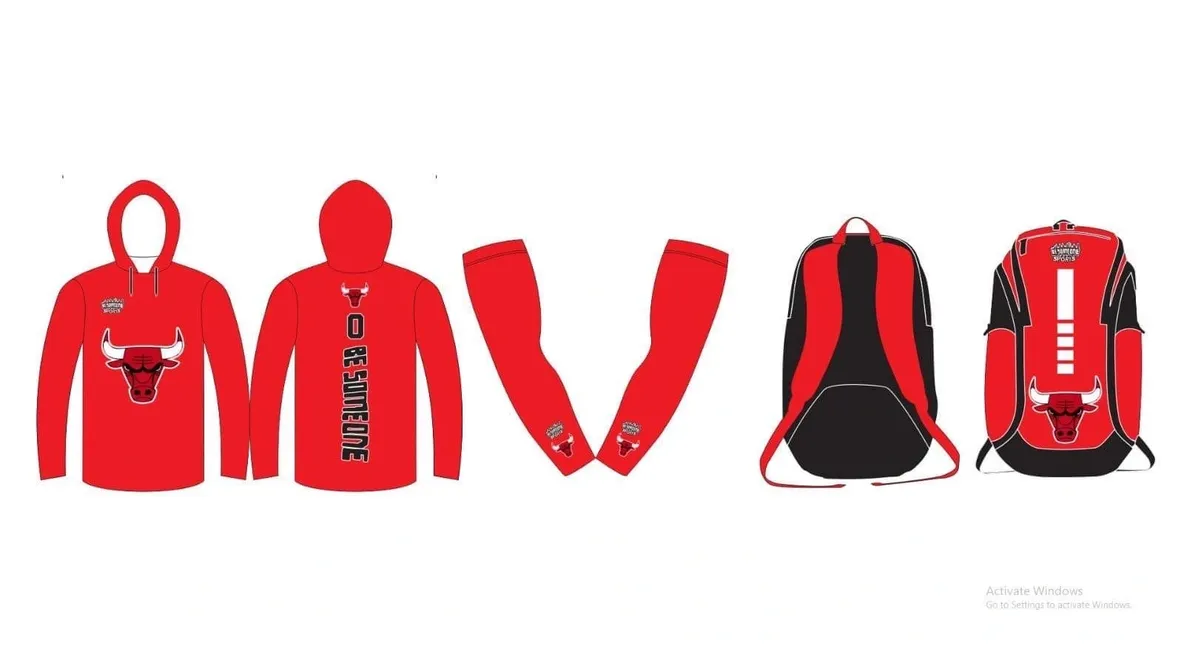 A red jacket, backpack and arm sleeves.