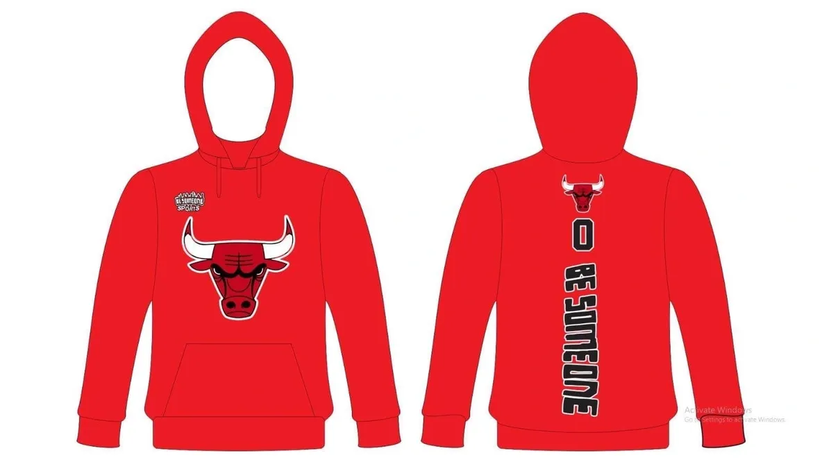A red hoodie with the bulls logo and name of team.