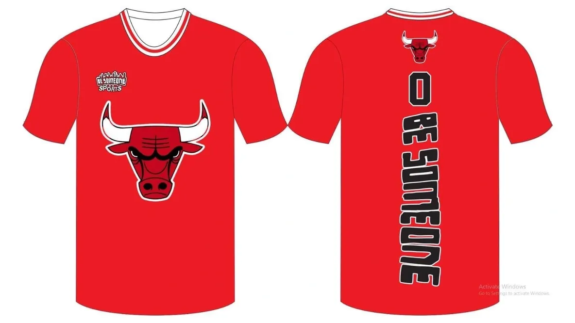 A red shirt with the bulls logo and name.
