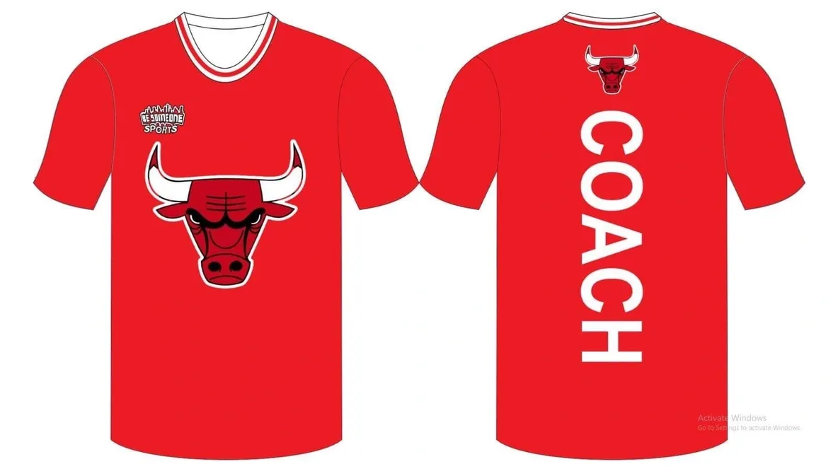 A red shirt with the bulls logo and coach on it.