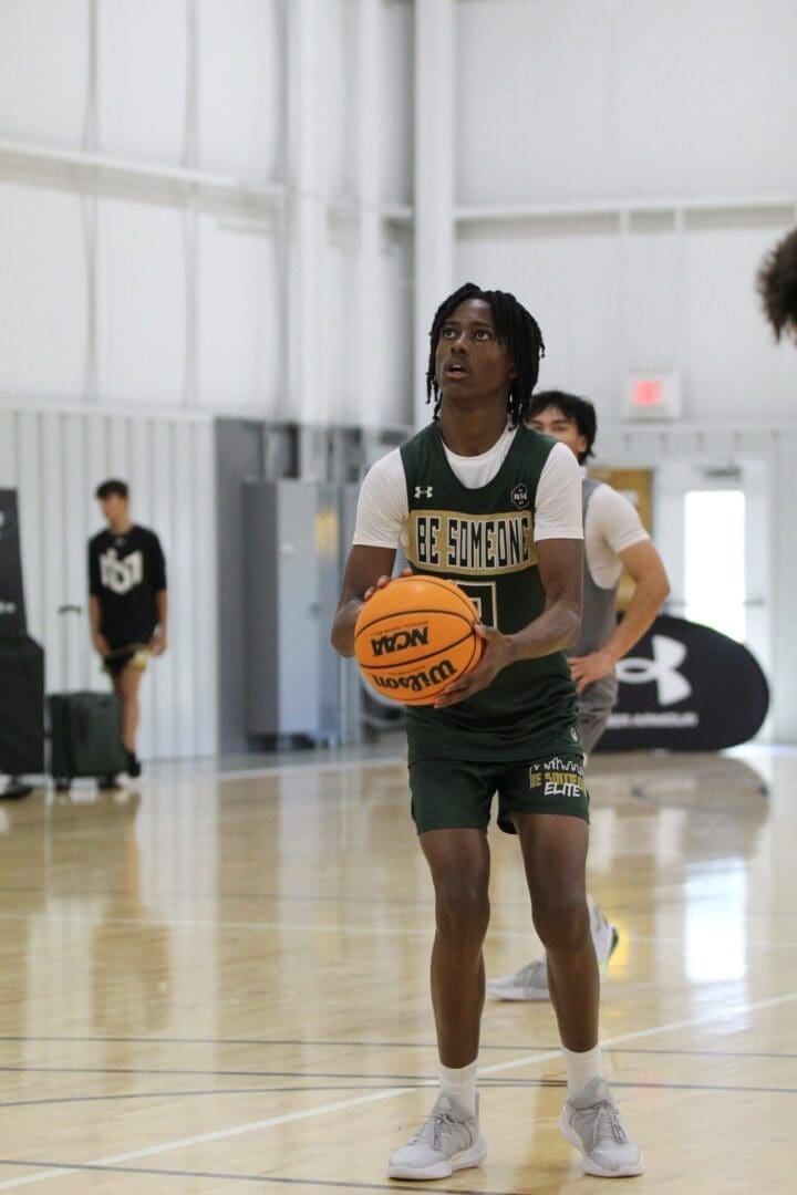 Basketball player preparing to shoot free throw.