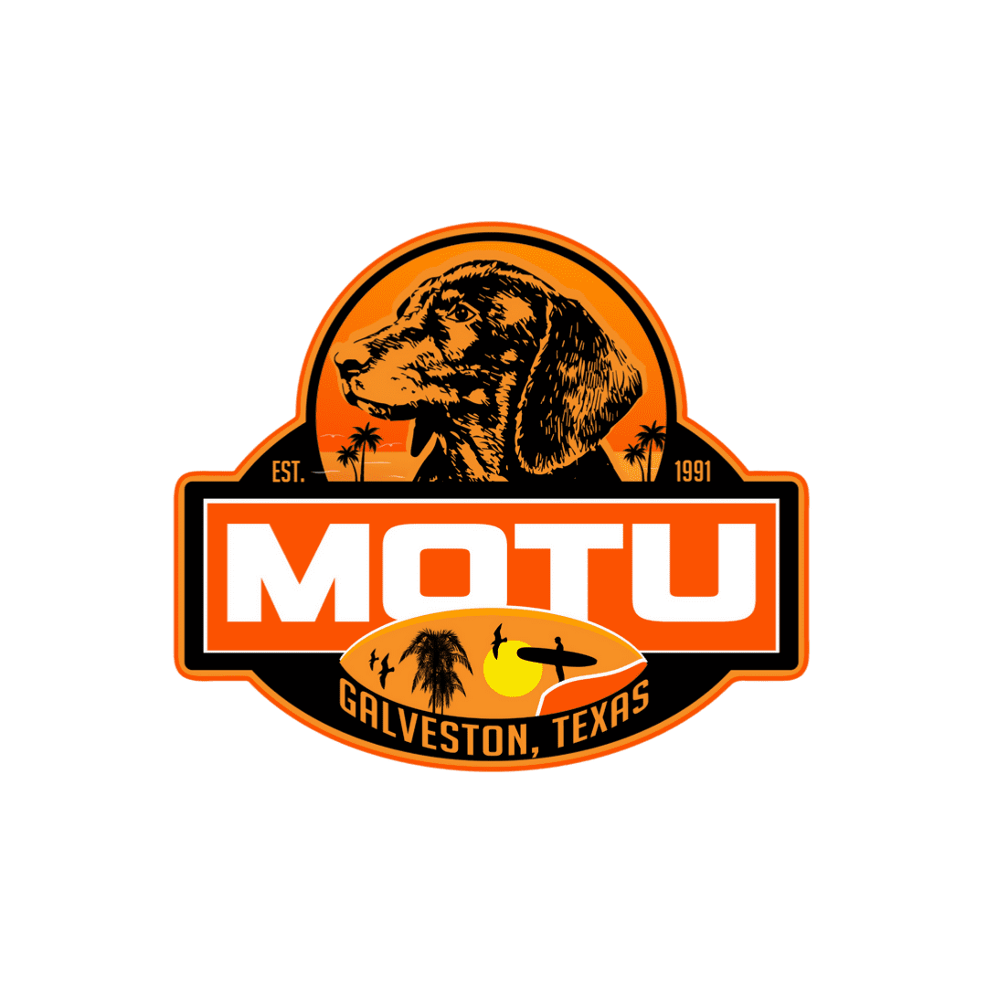 Dog logo, MOTU, Galveston, Texas, established 1991.