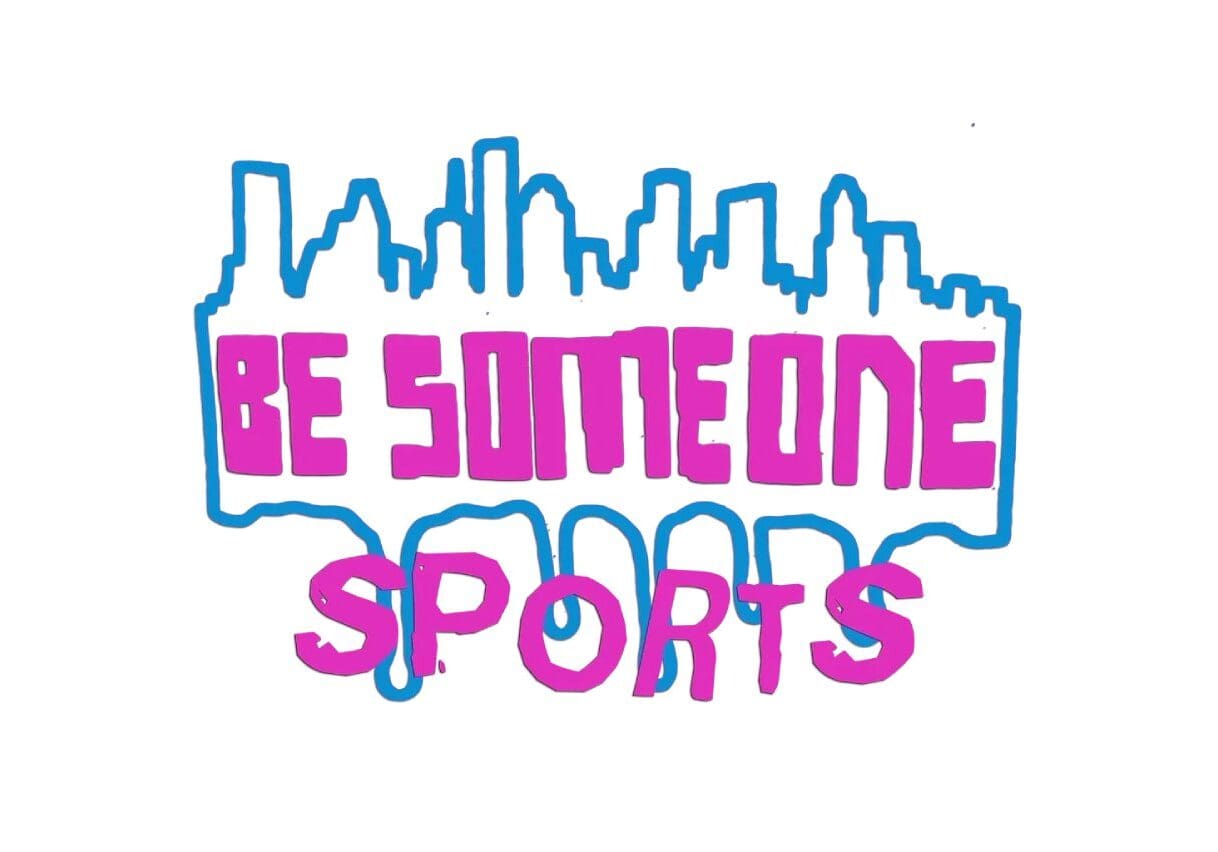 A pink and blue graffiti type logo for sports.